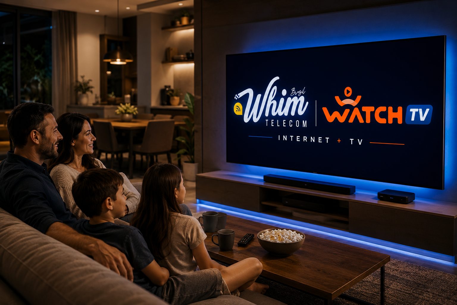 Família assistindo Whim + Watch na TV da sala